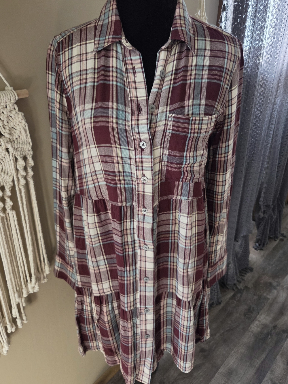 Rayon Plaid Burgundy & Ivory Long Sleeve Babydoll Dress Petite XS